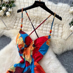 Nuova tunica estiva a pieghe Midi da donna impero stampato abito di pizzo scavato senza schienale - Product Image 2