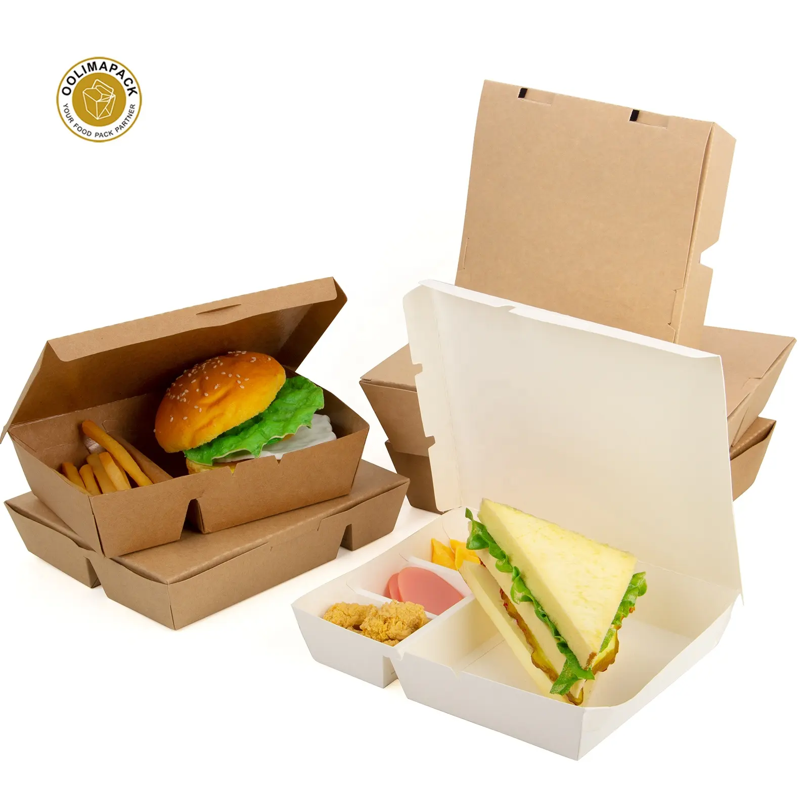 Takeaway Box Disposable Custom Logo Printing Fast Food Takeaway 3 Compartment For Food Packaging Lunch Box