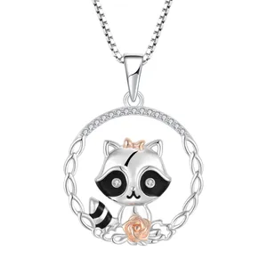 YL Fashion Round Necklace for Women 925 Sterling Silver Cute Animal Raccoon Custom Jewelry with Rhodium and Rose Gold Plating