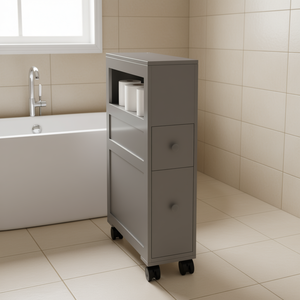 Armoire de rangement latérale grise pour salle de bain, 18 pouces de largeur, avec roulettes, étagère d'angle autoportante, design minimaliste - Product Image 2