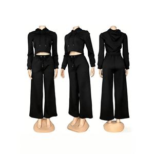 Conjunto Feminino Cropped Hoodie Plus Wide Leg Pants Solid Color Casual Style European American Look <b>Set</b> - Product Image 2