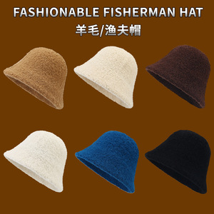 Wool Bucket <b>Hat</b> Solid Color Warm Face Slimming Unisex Winter Fisherman <b>Hat</b> Fleece Material Japan And Korean Style - Product Image 4