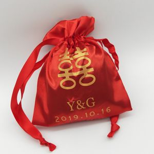Bolsa de Regalo de Satén con Cordón Rojo para Dulces de Boda con Logotipo Personalizado Y&G 20191016 Bordado a Máquina - Product Image 1