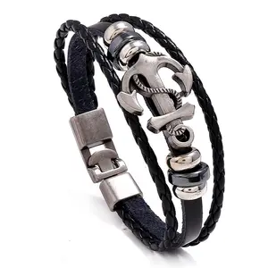 2023 Hot Sale Mode Leder Armband Legierung Anker Männer Armband Leder Armband Anker Seil Armreif für Männer Frauen