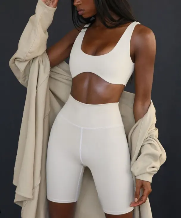 Set Pakaian Yoga Wanita, Pakaian Olahraga Fitness Gym Pinggang Tinggi Putih Cetakan Logo Kustom 2022