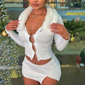 Fall/Winter Women's Faux Fur Collar Lace-Up Button-Up Long-Sleeve Top With <b>Split</b> <b>Skirt</b> Casual 2-Piece Set Fashion - Product Image 5