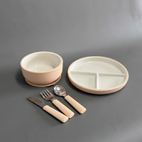 Ensemble de vaisselle en céramique pour enfants, assiettes et bols pour bébés, cuillère et tasse en silicone pour tout-petits, vaisselle portable