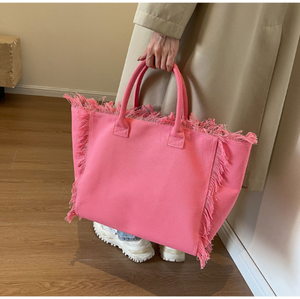 Nouveau sac à main en toile à franges à grande capacité d'été, couleur unie, décontracté, tendance, sac à bandoulière double pour femmes - Product Image 5