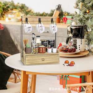 Wooden Coffee Cup Holder Rustic Desktop Mug <b>Rack</b> With Drawer <b>Storage</b> <b>Kitchen</b> Organizer Wall Mounted Type - Product Image 2