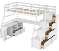 Hochbett mit Schreibtisch und Treppe, Holz-Hochbetten mit Schrank und 7 Schubladen und 2 Regalen, Hohes Hochbettgestell mit Stufe für Kinder