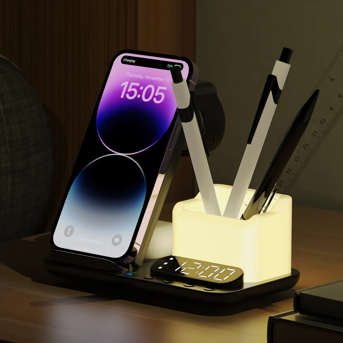 Reloj despertador Digital de escritorio con luz nocturna plegable 5 en 1 estación de carga inalámbrica para Samsung Iphone Phone Airpods Watch 3 6 In