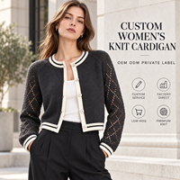 Cardigan en tricot ajouré personnalisé pour femme, col rond, bordure contrastante, manches raglan, coupe courte, boutonné, idéal pour le printemps et le bureau