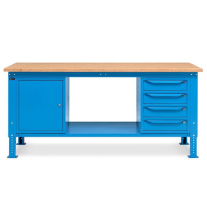 Fami WORK2006 établi réglable, 200cm, bleu, avec plateau en bois, meuble et 4 tiroirs - Product Image 2