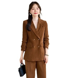 Women's Suit Set Burgundy Double Breasted Wool Blend Office Lady Autumn Anti-Wrinkle Full Sleeve Professional Attire - Product Image 5