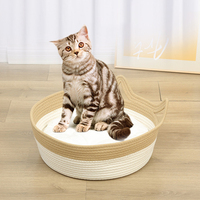 Lit rond en corde de coton pour animaux de compagnie nid de chats tissé à la main avec poignée d'oreille de chat