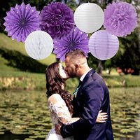 Décorations de fête violet-blanc lavande – Guirlandes, lanternes en papier, éventails, pompons pour anniversaire de femme ou de fille, mariage, fiançailles, enterrement de vie de jeune fille