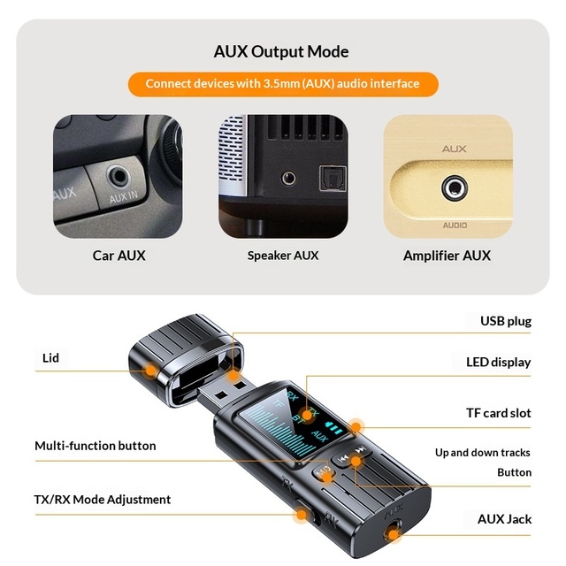 For Receiver Transmitter 2-in-1 GT72 with Digital Display 5.4 Audio Amplifier Audio Adapter 3.5mm Wireless