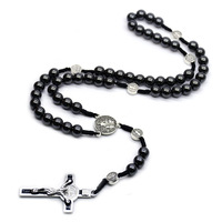Collier chapelet en hématite 8 mm, perles en forme de boule, cordon Benedict, plaqué argent antique, noir