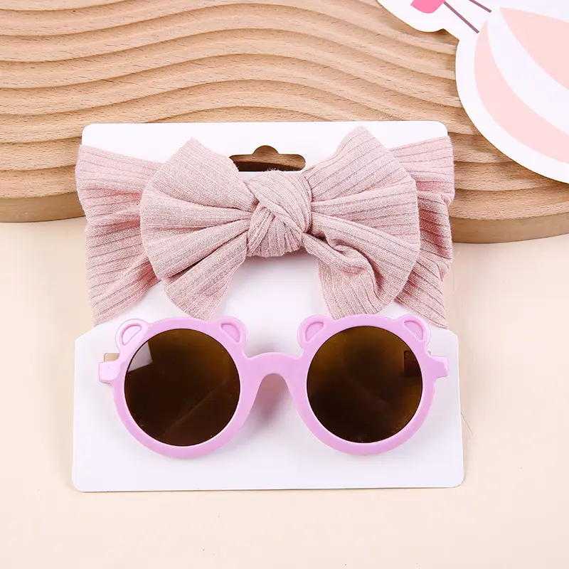 2 pz/set Baby Fashion Set fascia per capelli con fiocco a righe elasticizzate in maglia con occhiali da sole per bambini per accessori da esterno per bambini