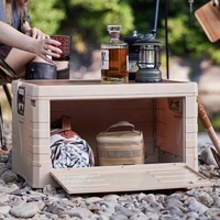 Conteneur pliable d'extérieur, bac de rangement portable avec couvercle en bois, boîtes de rangement pliantes en plastique pour le camping avec couvercle