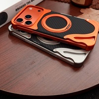 Casing logam aluminium tekstur serat karbon, casing ponsel logam aluminium dengan dudukan cincin magnetis 360 ° untuk iPhone 17 14 15 16 Pro Max