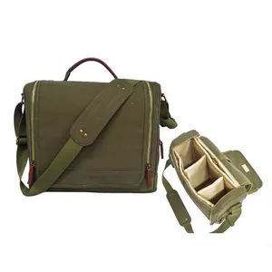 Custom vintage travel muti-functional removable insert green canvas men dslr crossbody camera lens bag for laptop camcorders