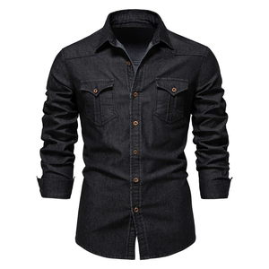 Camisa de manga larga <span class=keywords><strong>sin</strong></span> planchar de mezclilla de Color sólido informal para hombre, tela vaquera de algodón 95%, cuello abotonado, talla americana de gran tamaño - Product Image 1