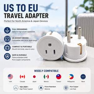 Adaptateur de voyage Schuko US vers EU, entrée femelle vers sortie type E/F mise à la terre, compact, blanc cassé, pour Allemagne et France - Product Image 1