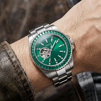 Montre mécanique automatique Open Heart avec lunette en cristal arc-en-ciel et bracelet en acier inoxydable pour homme
