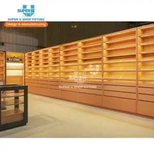 Custom Solid Wood Tobacco Display Cabinet Led Light Vintage Smoke Shop Glass Showcase Design Antique Cigar Shop Display