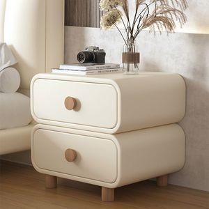 Cream-style Rounded Leather Bedside Table Nordic Style Bedroom Furniture <strong>Log</strong> Handle Double Drawer Storage Cabinet Eco-Friendly - Product Image 2