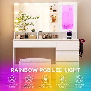 ERLEJIA Coiffeuse Moderne en Bois avec Miroir LED, 6 Tiroirs, Tabouret, Éclairage RGB et Prise de Courant - Chambre/Chambre à Coucher, <span class=keywords><strong>Blanc</strong></span> - Product Image 2