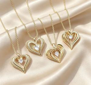 18K Gold Plated Hollow Heart Pendant Necklace 4 Styles Teardrop Round CZ Diamond Open Heart Charm Twist Rope <b>Chain</b> Women Fashion - Product Image 4