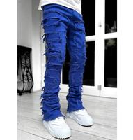 Jeans déchirés empilés pour hommes, streetwear, pantalon en denim de coton, coupe droite, avec patchs à franges et délavage vieilli