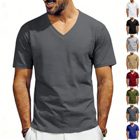 T-shirts pour hommes à col en V uni avec logo personnalisé, coupe slim, manches courtes, respirants, 100% coton, décontractés, 220g, multicolores