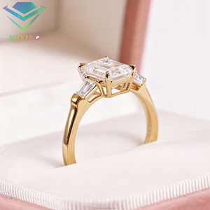 14k solid yellow gold three stone emerald cut lab grown diamond engagement ring IGI certified for wedding band ring - Product Image 4