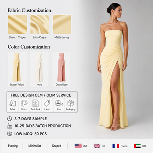Abito lungo da donna giallo burro senza spalline con spacco alto, drappeggiato, aderente, formale da sera, personalizzato, all'ingrosso - Product Image 1