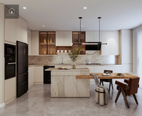 Armoires de cuisine modernes blanches XINGRUO avec îlot en marbre et table à manger en bois, fabriquées sur mesure pour la maison
