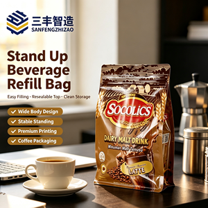 Bolsa de Embalaje Flexible Personalizada con Impresión, Bolsa de Fondo Plano Marrón para Bebidas Lácteas, Bebidas de Café Instantáneo y Latte - Product Image 1
