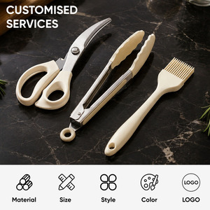 3Pcs Stainless Steel Kitchen Gadgets Set, Silicone <b>Tongs</b> & Basting Brush with Scissors, Baking BBQ Accessories for Camping Home - Product Image 2