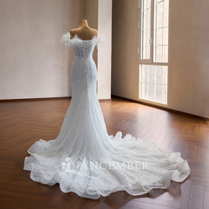Vestido de Novia <span class=keywords><strong>Sirena</strong></span> con Adornos de Plumas de Avestruz y Lentejuelas de Perlas Rsm261105, Magnífico Vestido Blanco con Cola Circular Adornada Jancemebr - Product Image 4