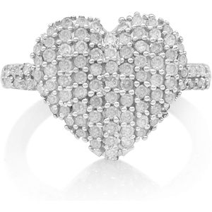 Heart Dome Diamond <b>Ring</b> 0.77 Cttw Round Cut Pave <b>Set</b> Natural White Diamond For Women Engagement Style 925 <b>Silver</b> - Product Image 1