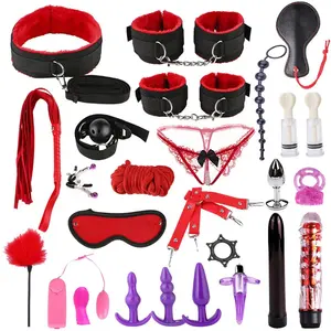 26pcs Sexy Lingerie Beads Nipple Clamps Handcuffs Whip Rope Anal Vibrator Bondage Kits Set for Couples Sex Games