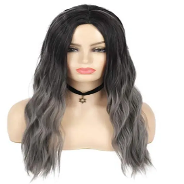 Women Ombre Grey Wig Long Curly Wavy Black Grey Middle Part Synthetic Wig Halloween Cosplay Costume Wig (Black Grey)