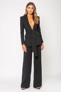 Produzione OEM di Abbigliamento Femminile alla Moda, Completi da <span class=keywords><strong>Ufficio</strong></span> Neri per <span class=keywords><strong>Donna</strong></span>, Tailleur con Scollo a V Profondo in Raso con Cintura - Product Image 6