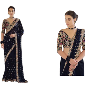 Sari indio de Bollywood, el más vendido, de georgette, elegante, negro, para invierno, estilo étnico, con blusa sexy y moderna, ideal para fiestas y Diwali. - Product Image 1