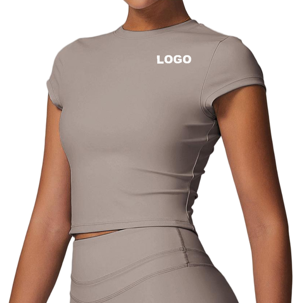 Custom Logo Women Short Sleeve Gym Top Neck Fitted Lightweight Skinny Sports Stretch Breathable Spandex/Nylon Yoga T-Shirts