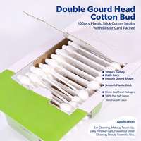 Bâtonnets de coton à double tête en forme de gourde, personnalisables avec logo OEM, 100 pièces, sur tige en plastique, emballés sous blister, pour le nettoyage des oreilles