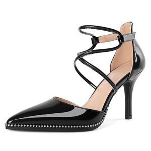 Chaussures habillées à talons aiguilles en PU confortables pour femmes, à bout pointu, à brides croisées à la cheville, à perles, style D'Orsay - Product Image 1