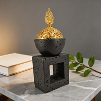 Brûleur d'encens moderne en céramique noire avec couvercle en filigrane doré |   Bakhoor arabe minimaliste, décoration aromatique pour la maison, aromathérapie